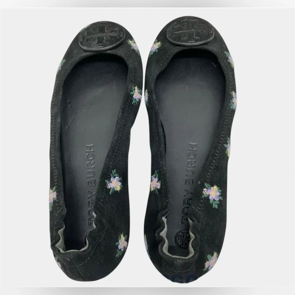 TORY BURCH Minnie Travel Flat Women 8 Black Daybreak Ditsy Floral Embroider Shoe